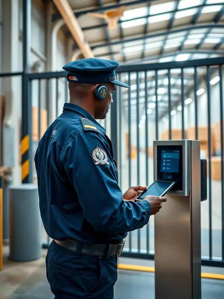 An access control system at the entrance of a warehouse in Kenya, with a security guard verifying credentials. The system includes a card reader and biometric scanner.