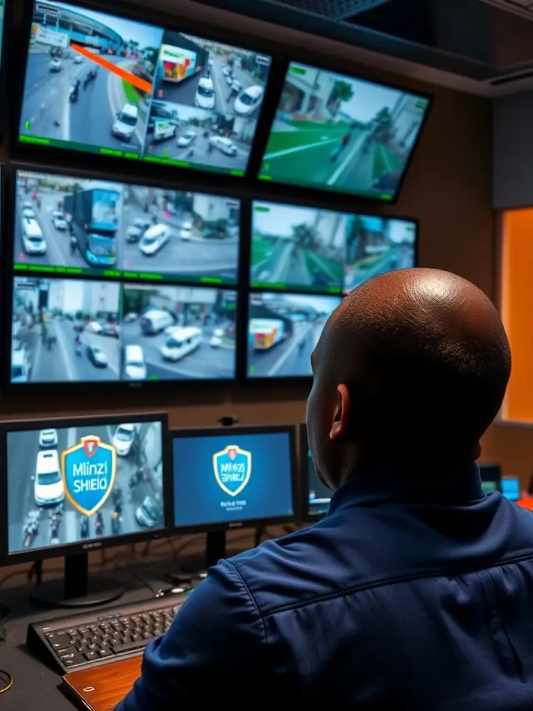 A control room operator monitoring CCTV feeds from various locations in Nairobi, Kenya, with multiple screens displaying real-time footage. The Mlinzi Shield logo is visible in the control room.