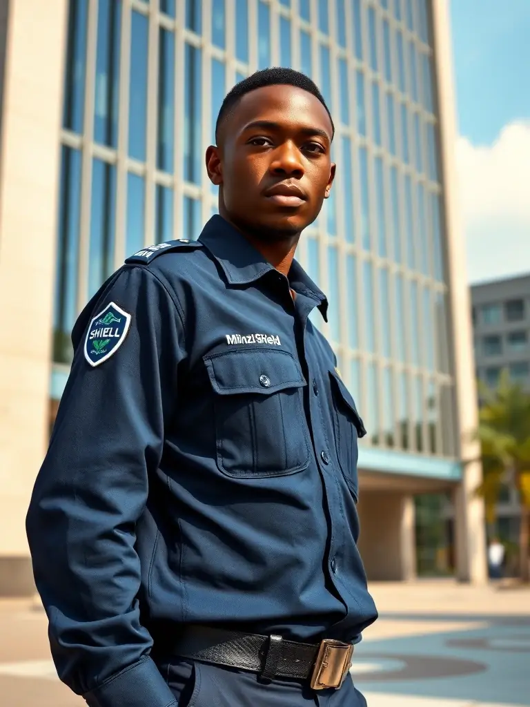 A uniformed Mlinzi Shield security guard standing alertly in front of a modern office building in Nairobi, Kenya, during daylight hours. The guard is wearing a professional security uniform with the Mlinzi Shield logo.