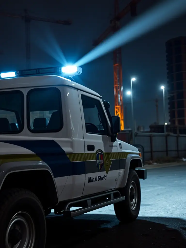 A Mlinzi Shield mobile patrol vehicle driving through a construction site at night in Nairobi, Kenya, with security lights illuminating the area. The vehicle has the Mlinzi Shield logo prominently displayed.