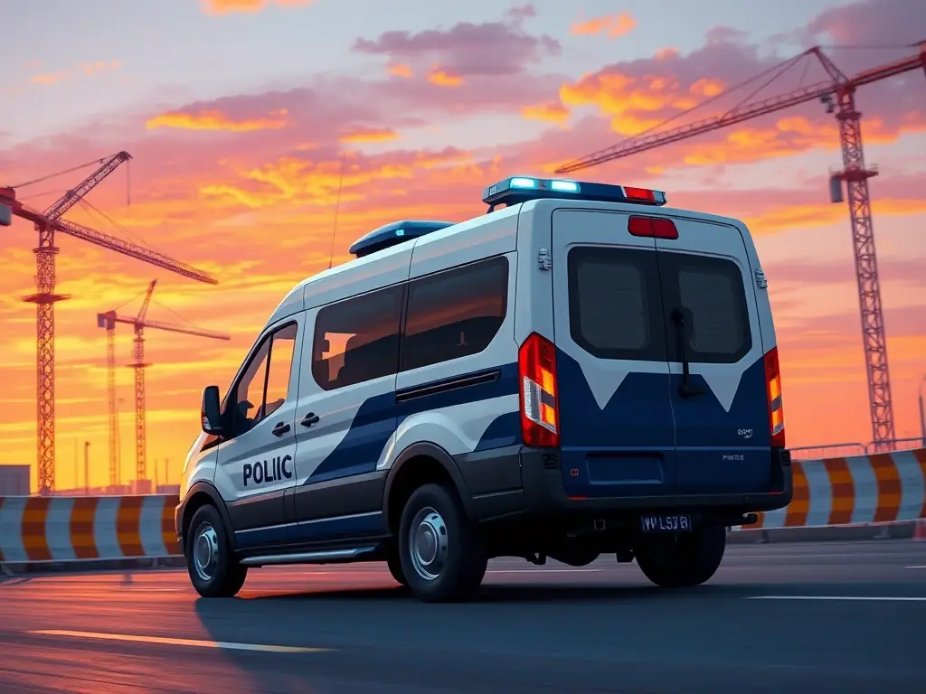 A mobile patrol unit vehicle driving through a construction site at dusk, conducting security checks and ensuring site safety.
