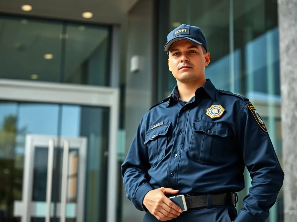 A uniformed security guard standing watch at the entrance of a modern office building at night, ensuring safety and security.