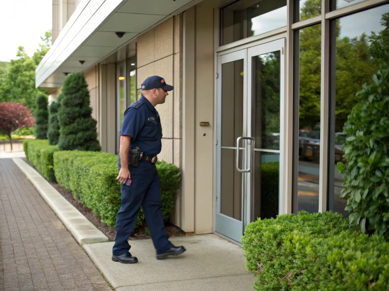A security professional responding to an alarm at a commercial property, investigating the cause and ensuring the safety of the premises.